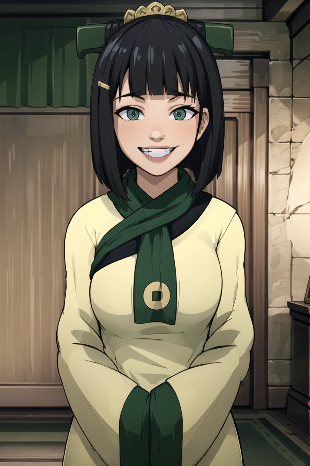 (best quality), (highly detailed), masterpiece, upper body, (official art), suguha kirigaya, (green eyes:1.2), hair ornament, hairclip, short hair, black hair, (joo dee:1.2), grin, lips, hands in opposite sleeves, blurry background, depth of field, best quality, masterpiece, intricate details, tonemapping, sharp focus, hyper detailed, trending on Artstation, 1 girl, solo, high res, official art,nishikino maki,zodiac_suguha