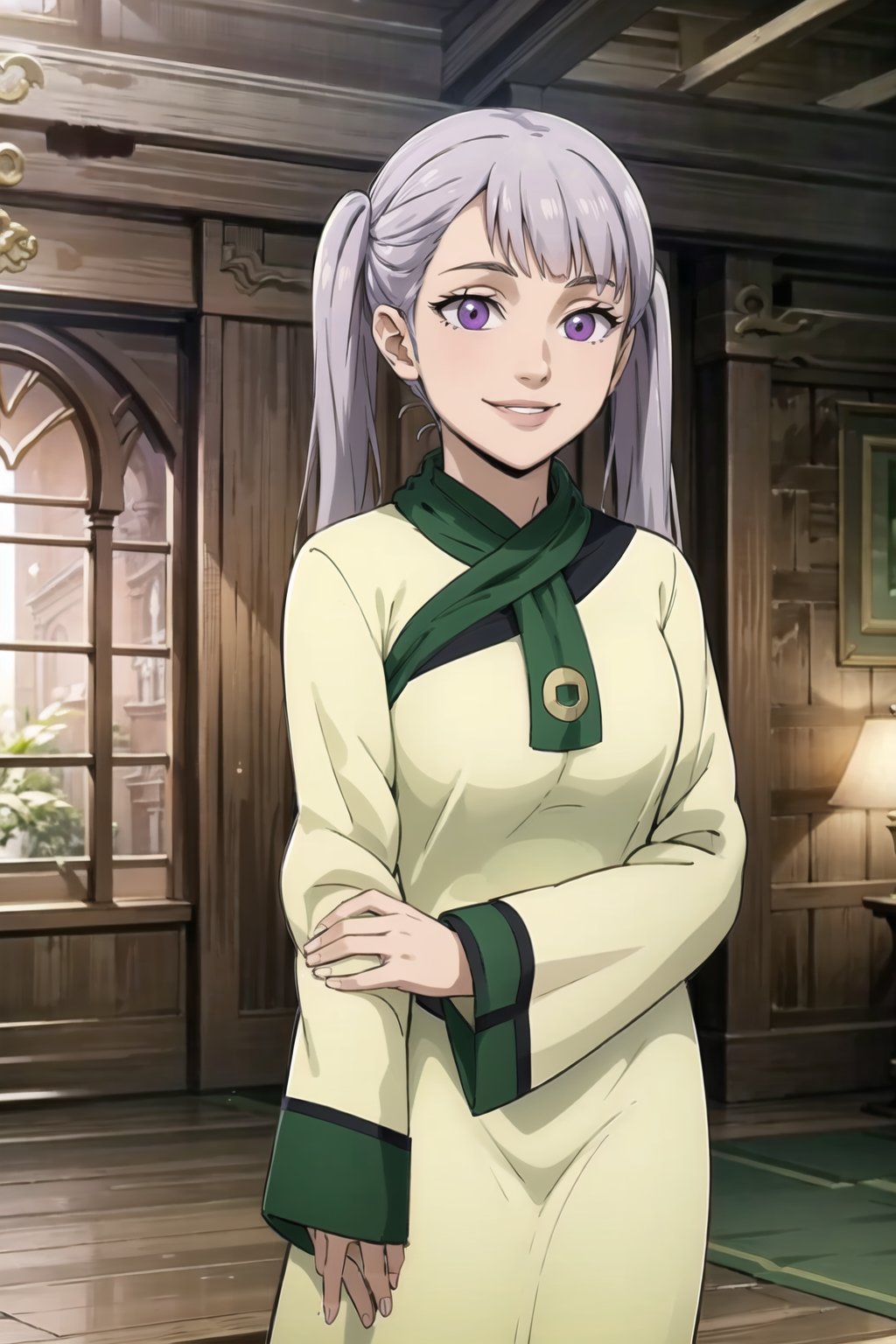 (best quality), (highly detailed), masterpiece, (official art), noelle_silva, long hair, purple eyes, twintails, bangs, silver hair, joo dee, (hair ornament:1.2), smile , arms to sides, blurry background, depth of field, best quality, masterpiece, intricate details, tonemapping, sharp focus, hyper detailed, trending on Artstation, 1 girl, solo, high res, official art,noelle_silva,Detailedface
