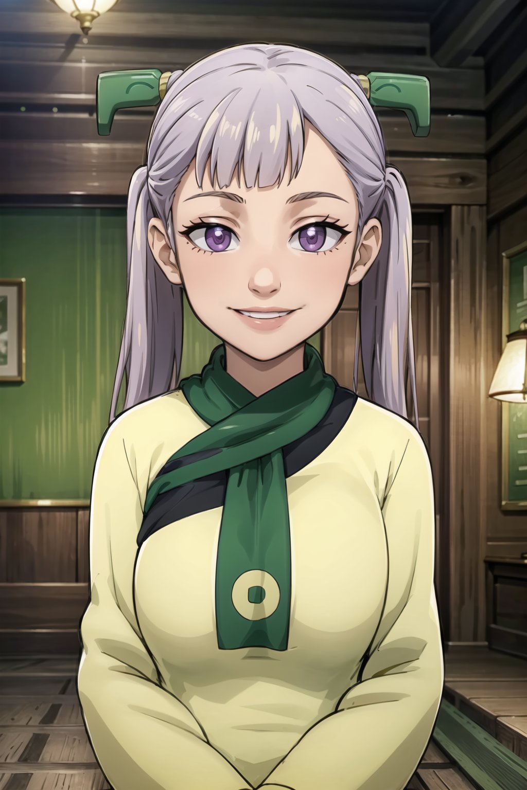 (best quality), (highly detailed), masterpiece, (official art), noelle_silva, long hair, purple eyes, twintails, bangs, silver hair, joo dee, (hair ornament:1.2), smile , arms to sides, blurry background, depth of field, best quality, masterpiece, intricate details, tonemapping, sharp focus, hyper detailed, trending on Artstation, 1 girl, solo, high res, official art,noelle_silva,Detailedface