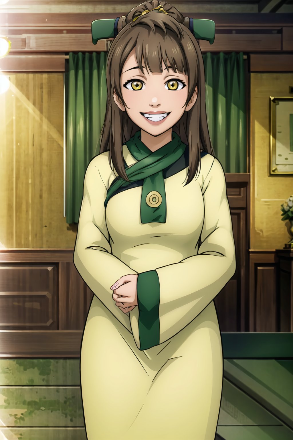 (best quality), (highly detailed), masterpiece, (official art), 1girl, solo, minami kotori, long hair, yellow eyes,, (joo dee:1.2), grin, lips, hands in opposite sleeves, blurry background, depth of field, best quality, masterpiece, intricate details, tonemapping, sharp focus, hyper detailed, trending on Artstation, 1 girl, solo, high res, official art