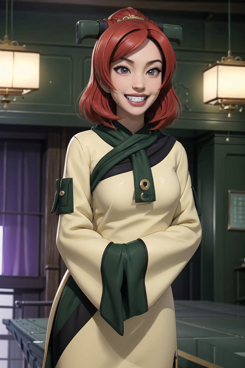 (best quality), (highly detailed), masterpiece, (official art), nishikino maki, red hair, (joo dee:1.2), grin, lips, hands in opposite sleeves, blurry background, depth of field, best quality, masterpiece, intricate details, tonemapping, sharp focus, hyper detailed, trending on Artstation, 1 girl, solo, high res, official art,nishikino maki