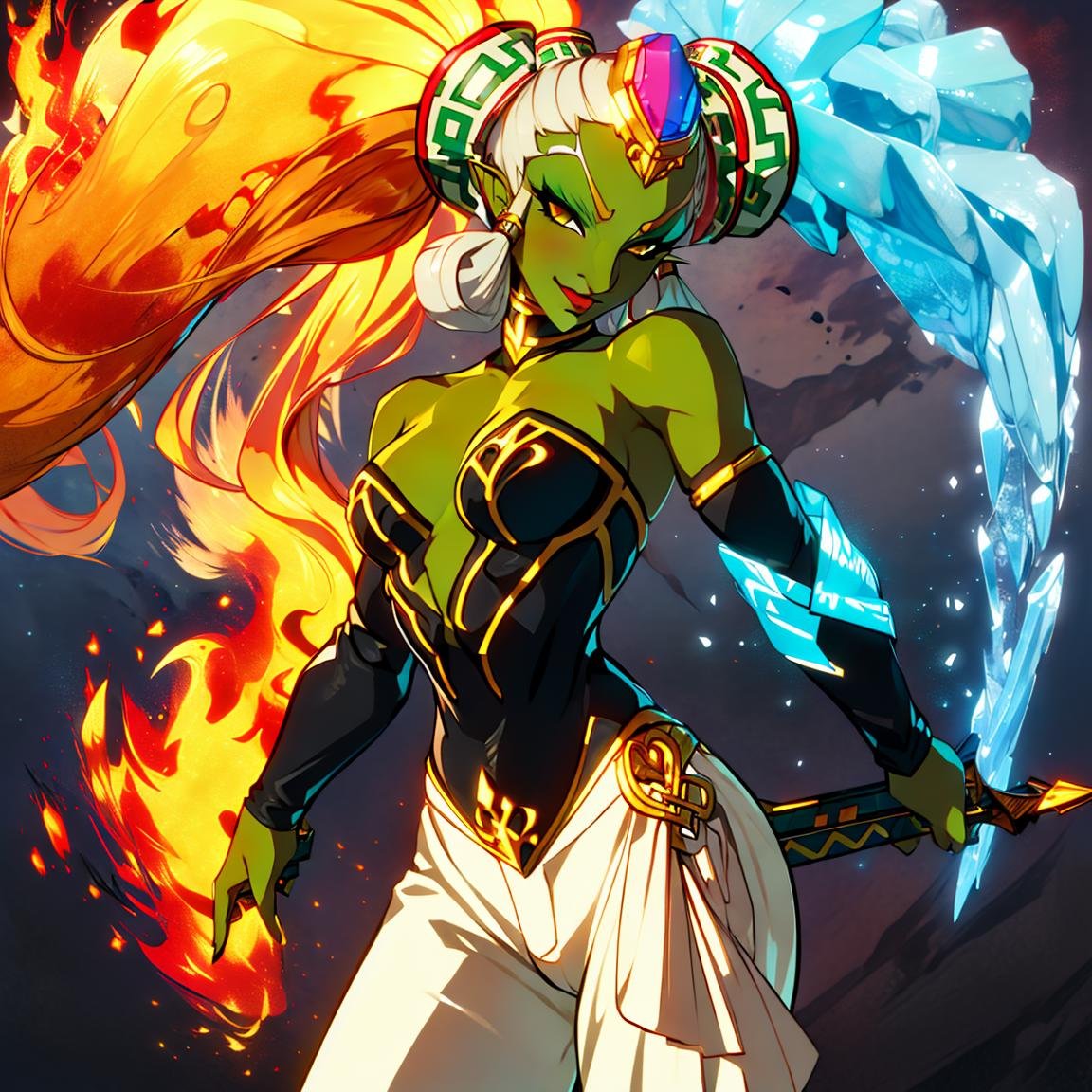 ((masterpiece,best quality)), absurdres,<lora:botw_style_offset:0.6>,<lora:Twinrova:1>, twinrova, solo, fire hair, ice hair, twintails, green skin, white pants, yellow eyes,smug, cowboy shot, looking at viewer,