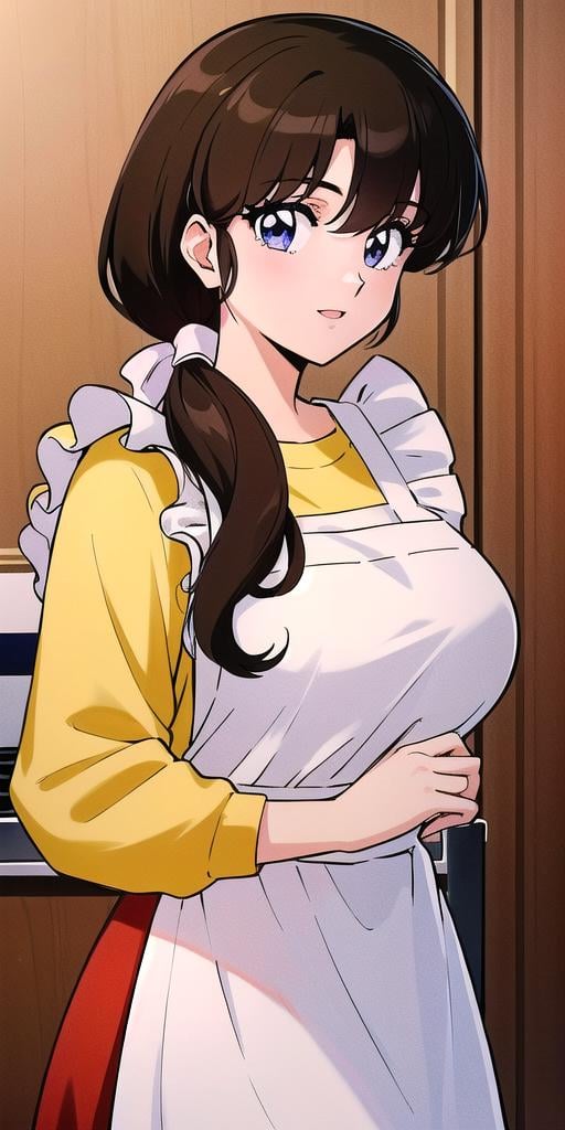 <lora:Tendou_KasumiV2:0.7>, tendou_kasumi, Apron_White_Ruffle, Yellow_Sweater_Red_Skirt, standing, solo, large breasts,, masterpiece, best quality, detailed face, detailed eyes, highres,