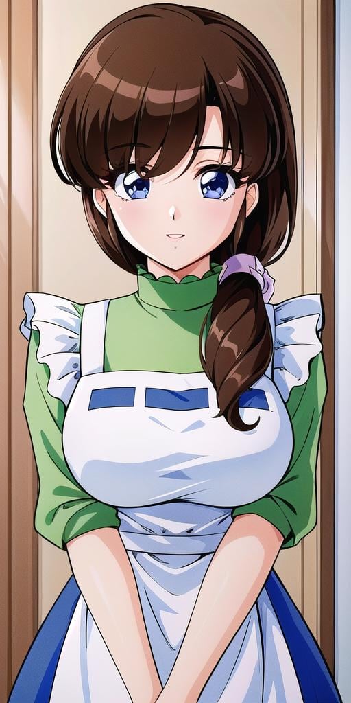 <lora:Tendou_KasumiV2:0.7>, tendou_kasumi, Apron_White_Ruffle, Green_Turtleneck_Shirt_Blue_Skirt, standing, solo, large breasts,, masterpiece, best quality, detailed face, detailed eyes, highres,