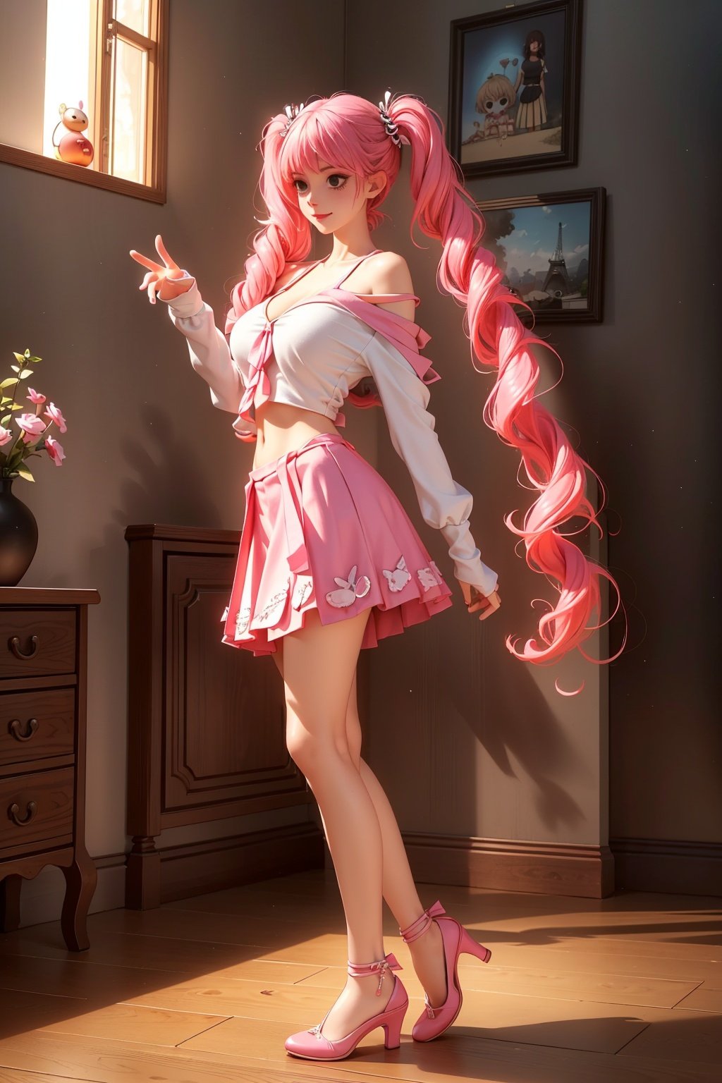 ((best quality)),  ((masterpiece)),  ((semi-realistic)),  (horror),  (ultra detailed),  extremely detailed 8k wallpaper,  intridicated,  full body,  dynamic pose,  (side shot),  ((1girl,  solo)),  Perona is dominatrix,  makeup,  twintails,  twin drills,  (happy,  smile),  arrogant posture,  (hand on the cheek),  (blush),  (big dreamy eyes),  (fashion clothes,  pullover,  skirt),  perfect fitness body,  (wide hips),  constricted breast,  cleavage,  high detailed creepy environment,  ,  looking to viewer,  (twilight),  late afternoon,  fading sunset,  intricate details,  muted volumetric lighting,  deep shadows,  sharp focus,  Perona, <lora:EMS-27163-EMS:0.300000>, , <lora:EMS-14488-EMS:0.800000>, , <lora:EMS-26397-EMS:0.800000>, , <lora:EMS-60611-EMS:0.800000>