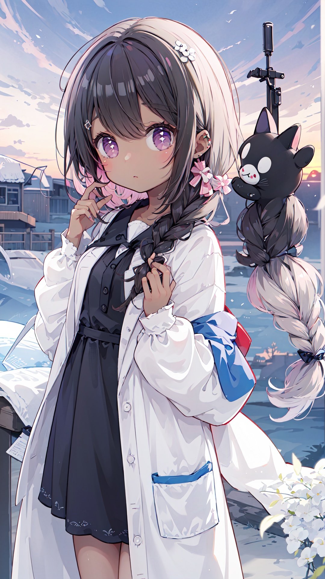  masterpiece, best quality,(an extremely detailed and delicate),(labcoat),((ray tracing)),(loli),(solo),(petite),dark skin,black_hair,strapless dress,Studio Lighting,from above,portrait,girl, sunset, absurdly long hair, white hair, split-color hair, drill hair, hair strand, hair twirling, long braid, hair bow, light blush, wide eyed, gradient eyes,