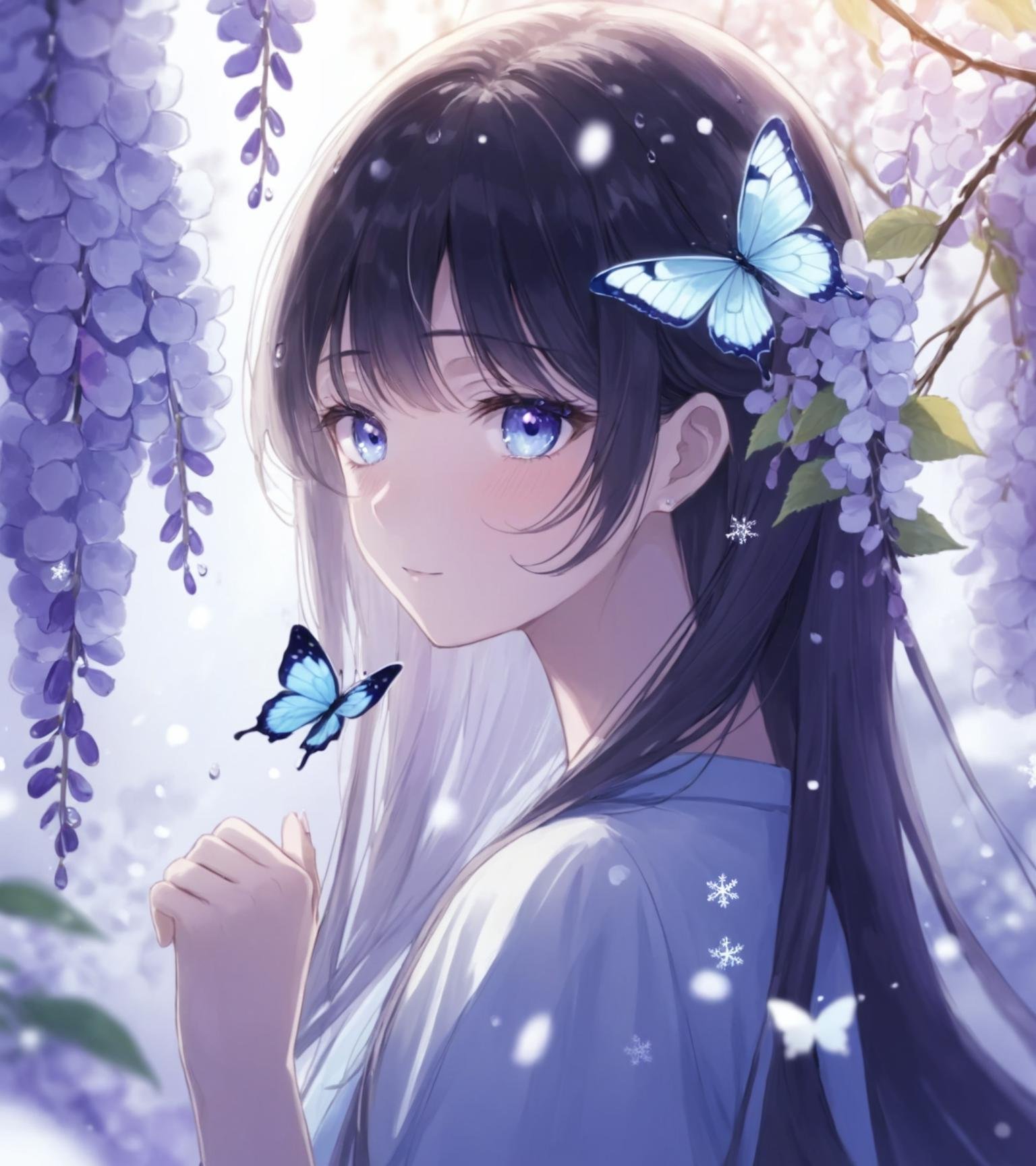 blurry, blurry background, blurry foreground, depth of field, motion blur, bug, butterfly, flower, wisteria, branch, blue butterfly, 1girl, solo, white flower, tears, long hair, butterfly hair ornament, own hands clasped, hydrangea, bokeh, cherry blossoms, long sleeves, nail polish, bangs, black hair, blue eyes, water drop, snowflakes, looking at viewer