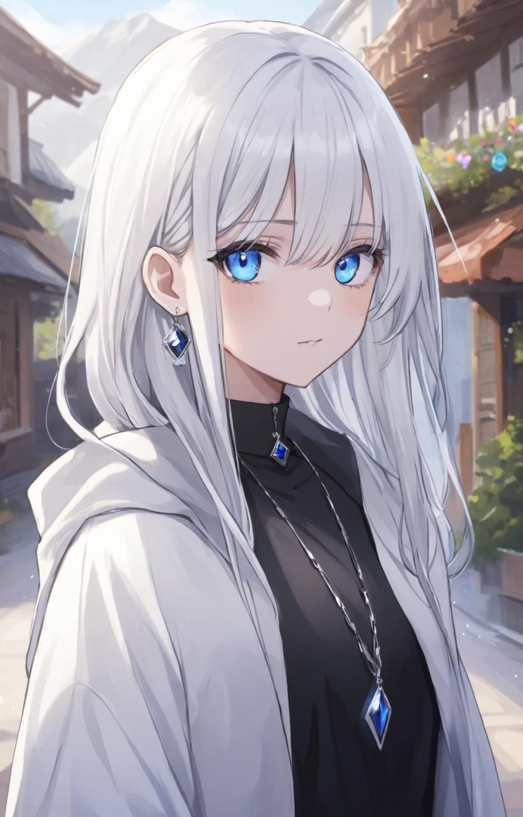 1girl, blue eyes, solo, jewelry, long hair, earrings,  looking at viewer, blurry, eyebrows visible through hair, blurry background, bangs, virtual youtuber, closed mouth, hood, white hair, hair between eyes, depth of field, hood down, upper body, silver hair, shirt, black shirt, necklace, outdoors, jacket, white jacket, cloak, expressionless, portrait, french braid, collared shirt