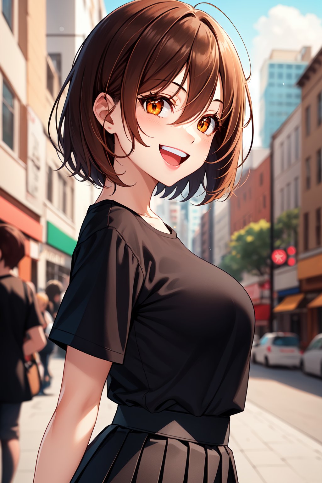 1girl, solo,brown hair, short hair, hair between eyes, bangs,orange eyes, long eyelashes, thick eyelashes, looking at viewer,smile, :D,black shirt, black skirt, pleated skirt,medium breasts,outdoors, city, upper teeth,