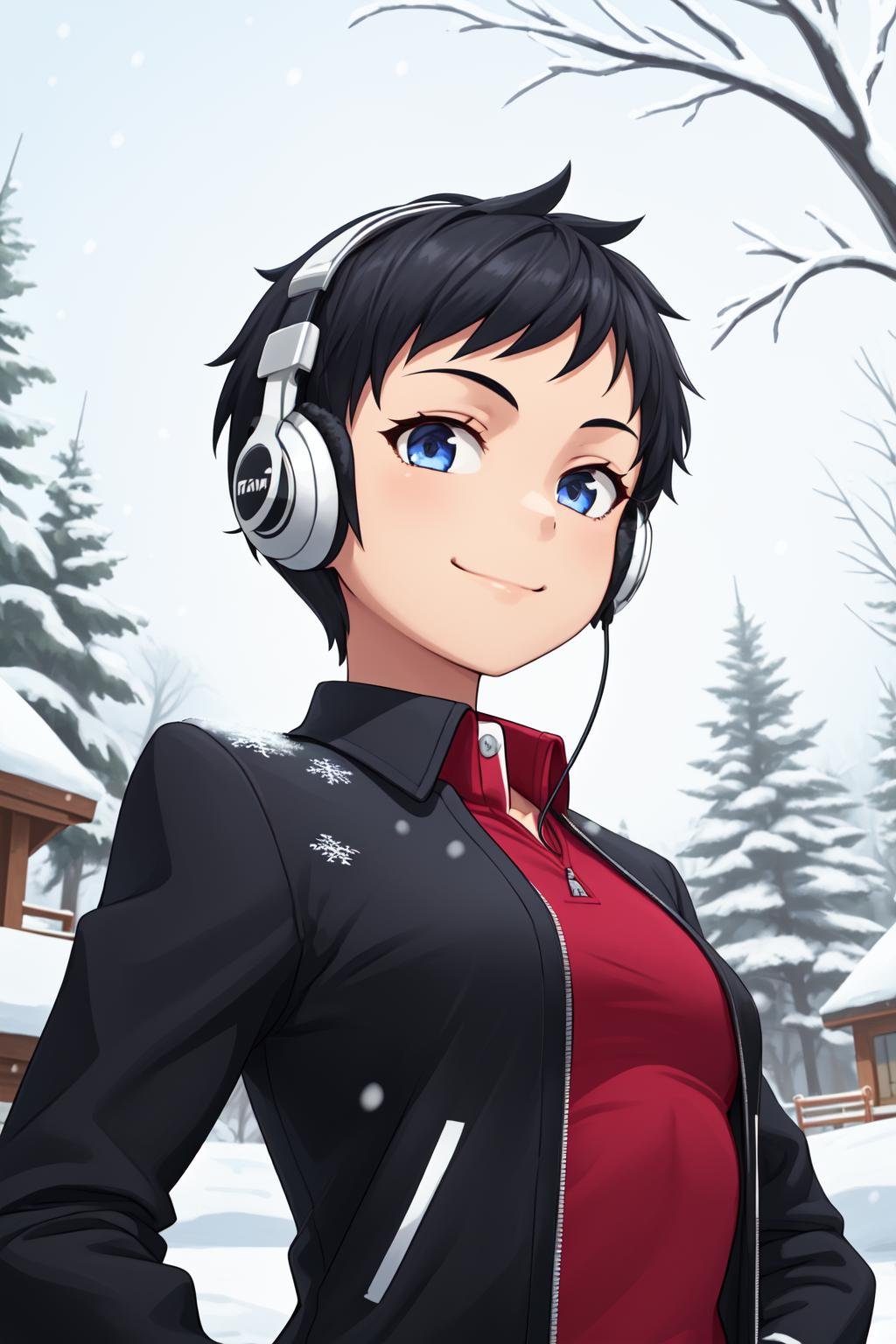 1girl, solo, (tomboy:1.2), (upper body:1.2), standing, hands on hips, from below,very short hair, pixie cut,looking at viewer, looking down,smile, closed mouth,small breasts,(black jacket:1.2), black pants, collared jacket, open jacket, headphones,outdoors, park, winter, snow, snow flakes, <lora:Tomboy-3000-12repeats:1>