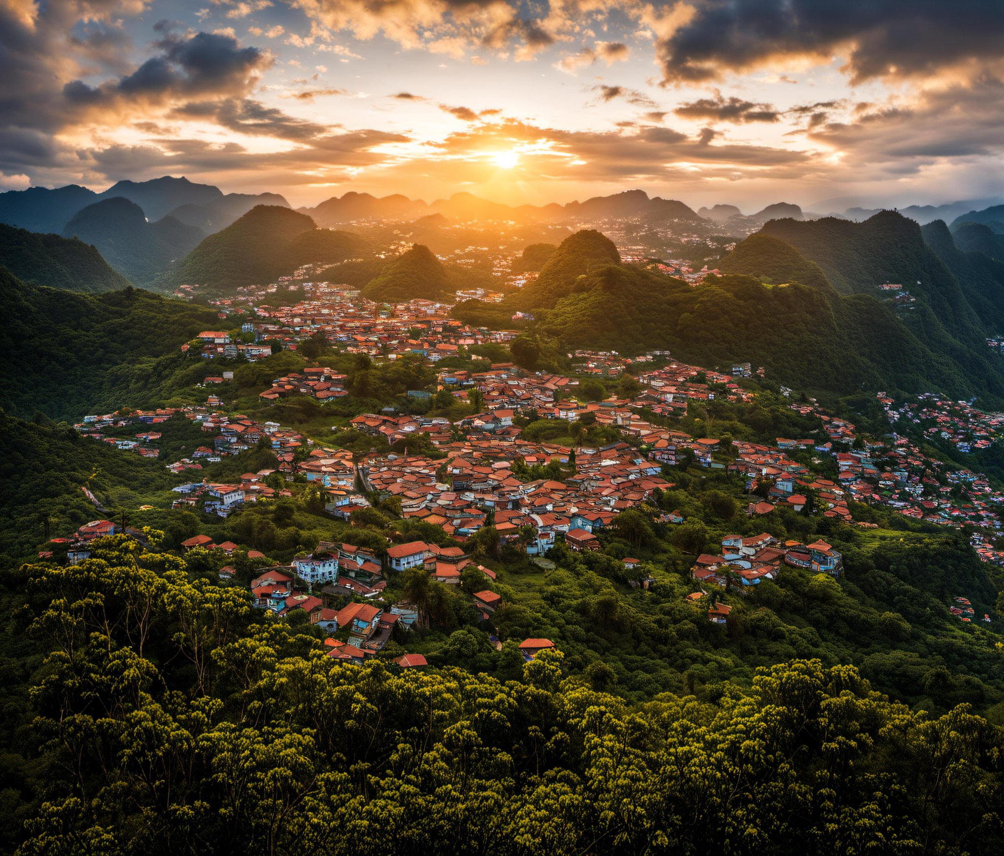 a view of a village and mountains from a hill top in the sunset, Mammatus cloud, ray light, realicstic, bacsonvietnam <lora:bacsonvietnam-000002:1>, (masterpiece,best quality:1.5), ultra realistic,32k,RAW photo,(high detailed skin:1.2), 8k uhd, dslr, soft lighting, high quality, film grain