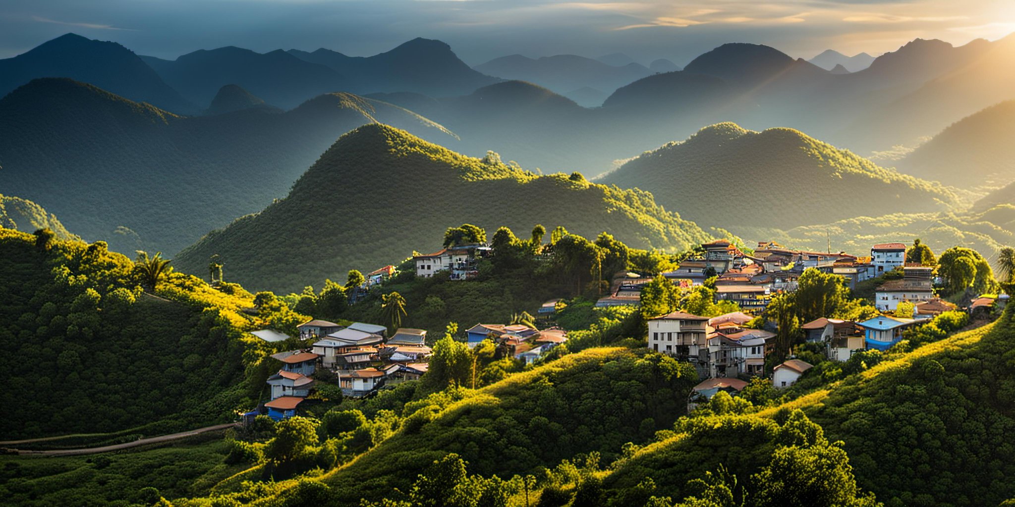 a view of a village and mountains from a hill top in the sun light, realicstic, bacsonvietnam, <lora:bacsonvietnam-000003:1>, (masterpiece,best quality:1.5), ultra realistic,32k,RAW photo,(high detailed skin:1.2), 8k uhd, dslr, soft lighting, high quality, film grain