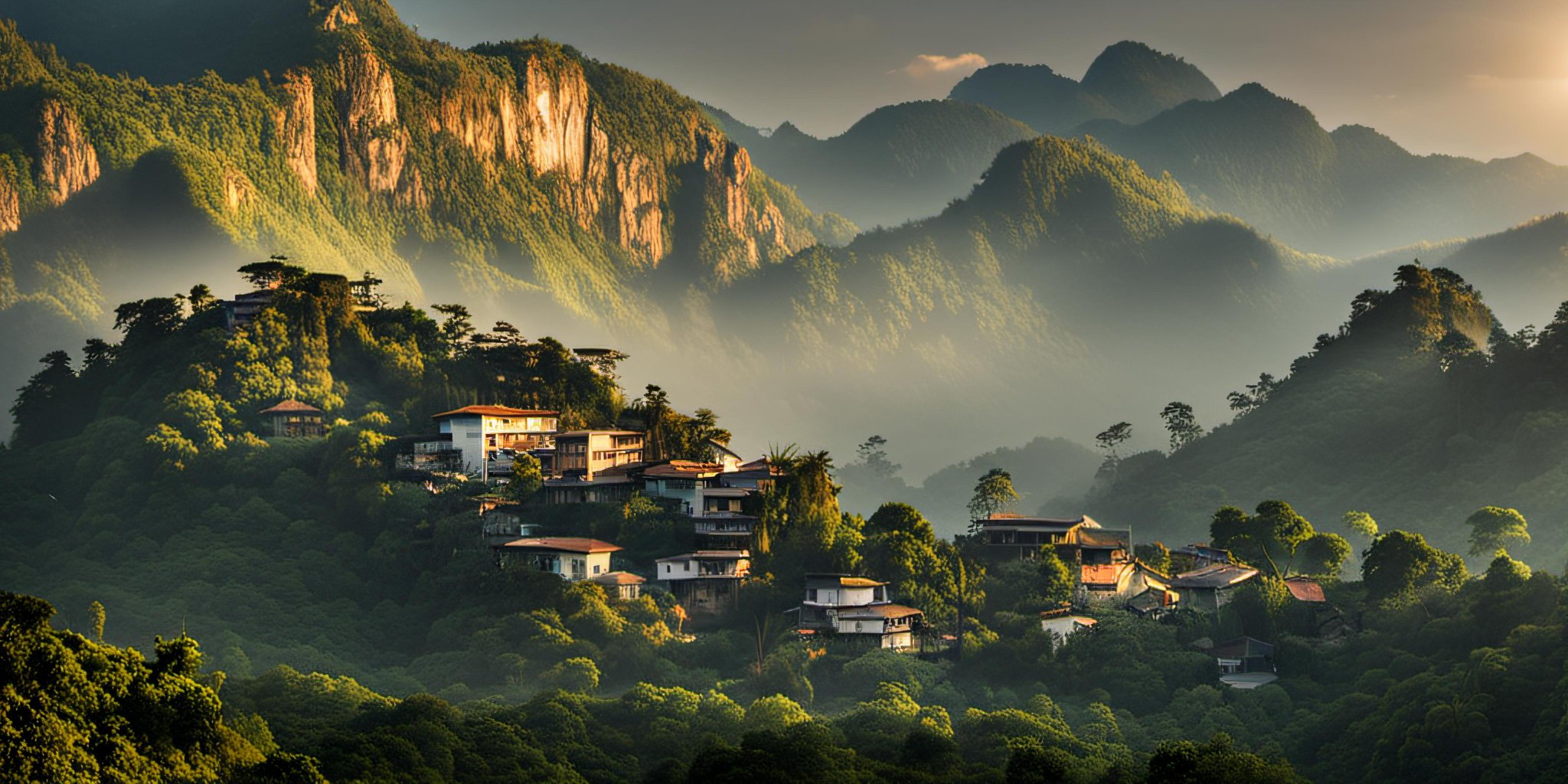 a view of a village and mountains from a hill top in the sun light, realicstic, bacsonvietnam <lora:bacsonvietnam-000001:1>, (masterpiece,best quality:1.5), ultra realistic,32k,RAW photo,(high detailed skin:1.2), 8k uhd, dslr, soft lighting, high quality, film grain