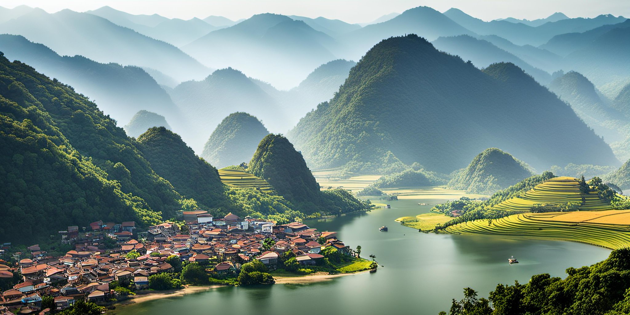 a view of a village and mountains from a hill top in the sun light, realicstic, bacsonvietnam, <lora:bacsonvietnam-000003:1>, (masterpiece,best quality:1.5), ultra realistic,32k,RAW photo,(high detailed skin:1.2), 8k uhd, dslr, soft lighting, high quality, film grain