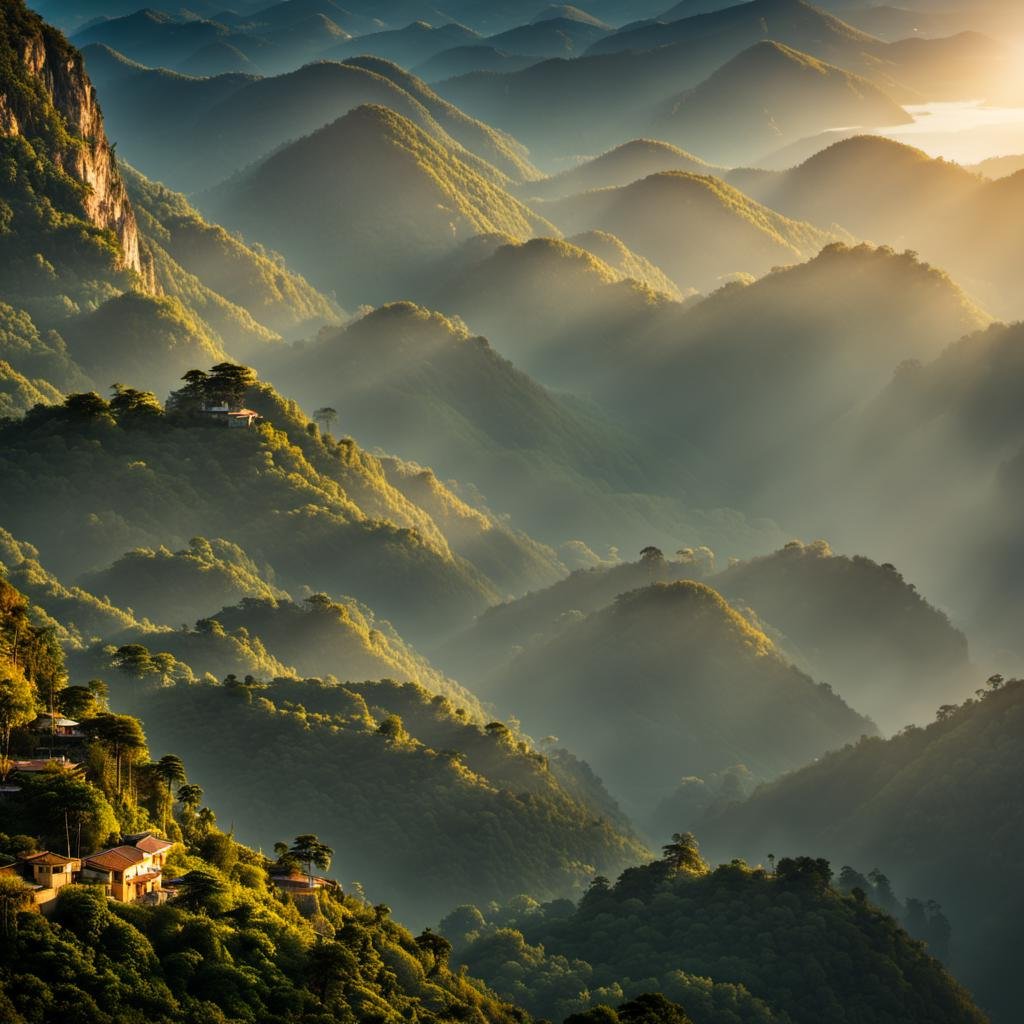 a view of a village and mountains from a hill top in the sun light, bacsonvietnam <lora:bacsonvietnam-000001:1>, (masterpiece,best quality:1.5), ultra realistic,32k,RAW photo,(high detailed skin:1.2), 8k uhd, dslr, soft lighting, high quality, film grain