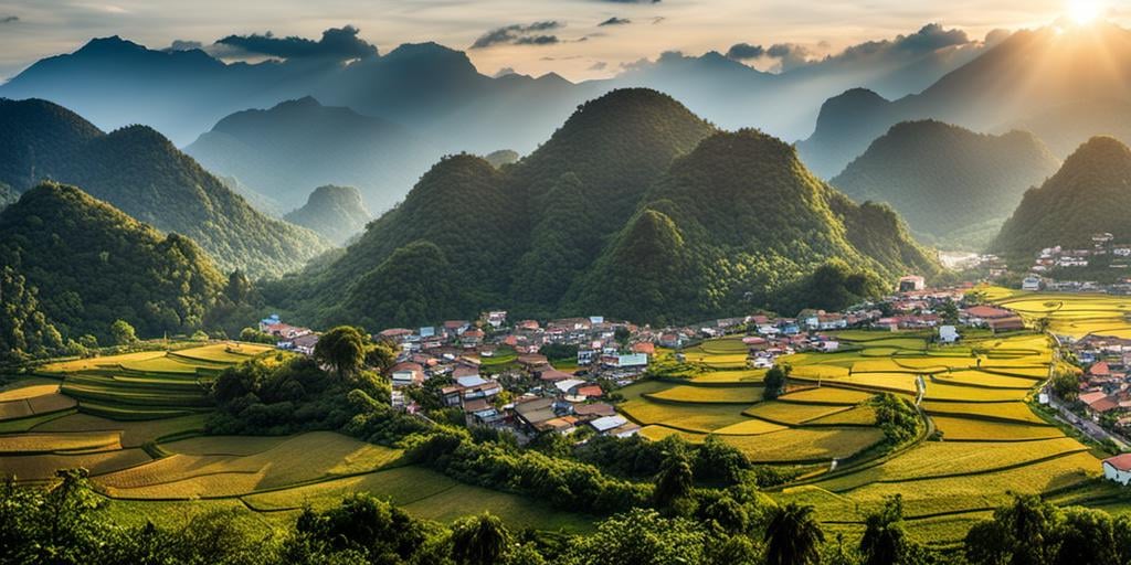 a view of a village and mountains from a hill top in the sun light, realicstic, bacsonvietnam <lora:bacsonvietnam-000001:1>, (masterpiece,best quality:1.5), ultra realistic,32k,RAW photo,(high detailed skin:1.2), 8k uhd, dslr, soft lighting, high quality, film grain