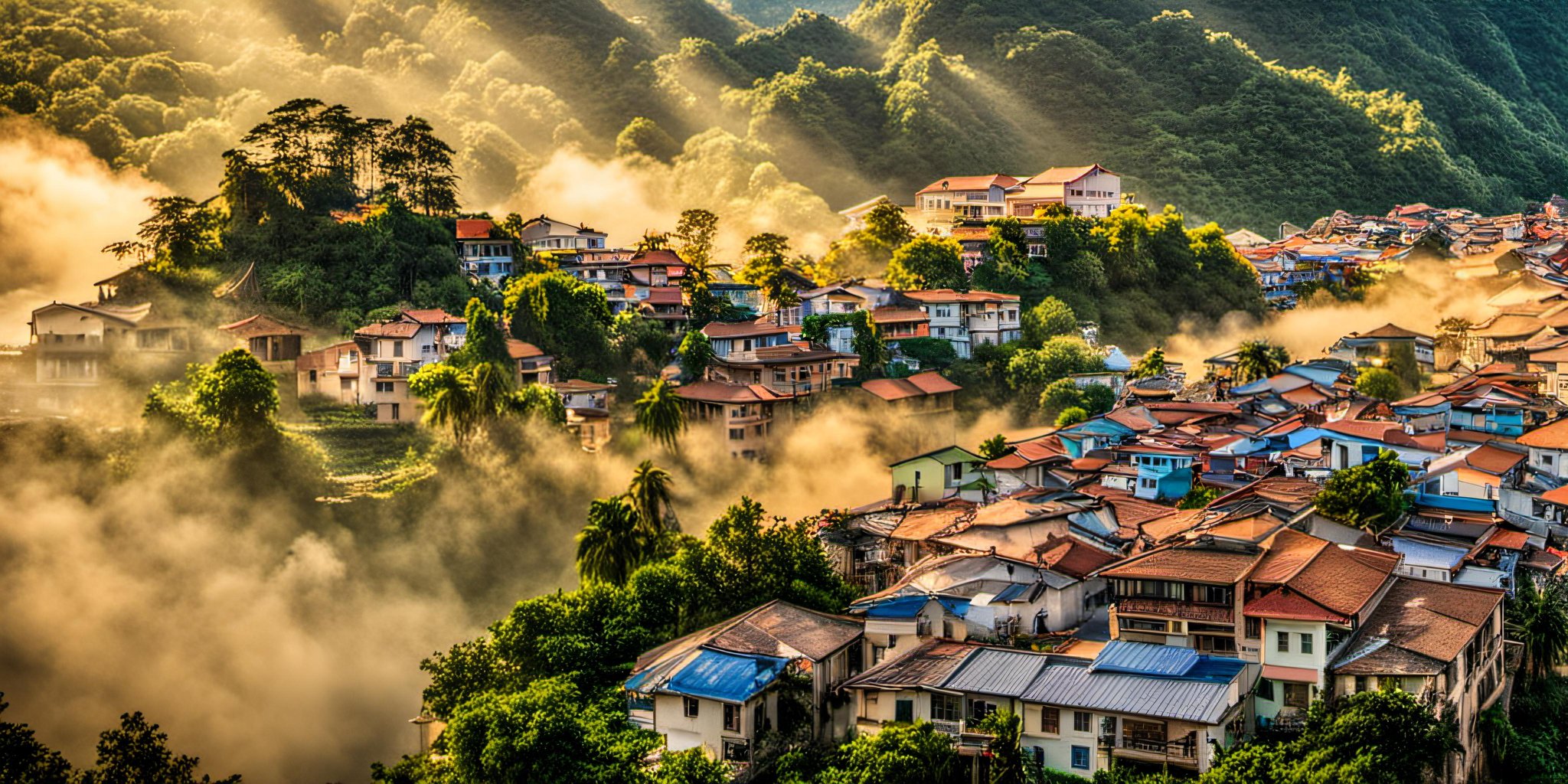 a view of a village and mountains from a hill top in the sun light, clound, ray light, realicstic, bacsonvietnam  <lora:bacsonvietnam-000002:1>, (masterpiece,best quality:1.5), ultra realistic,32k,RAW photo,(high detailed skin:1.2), 8k uhd, dslr, soft lighting, high quality, film grain