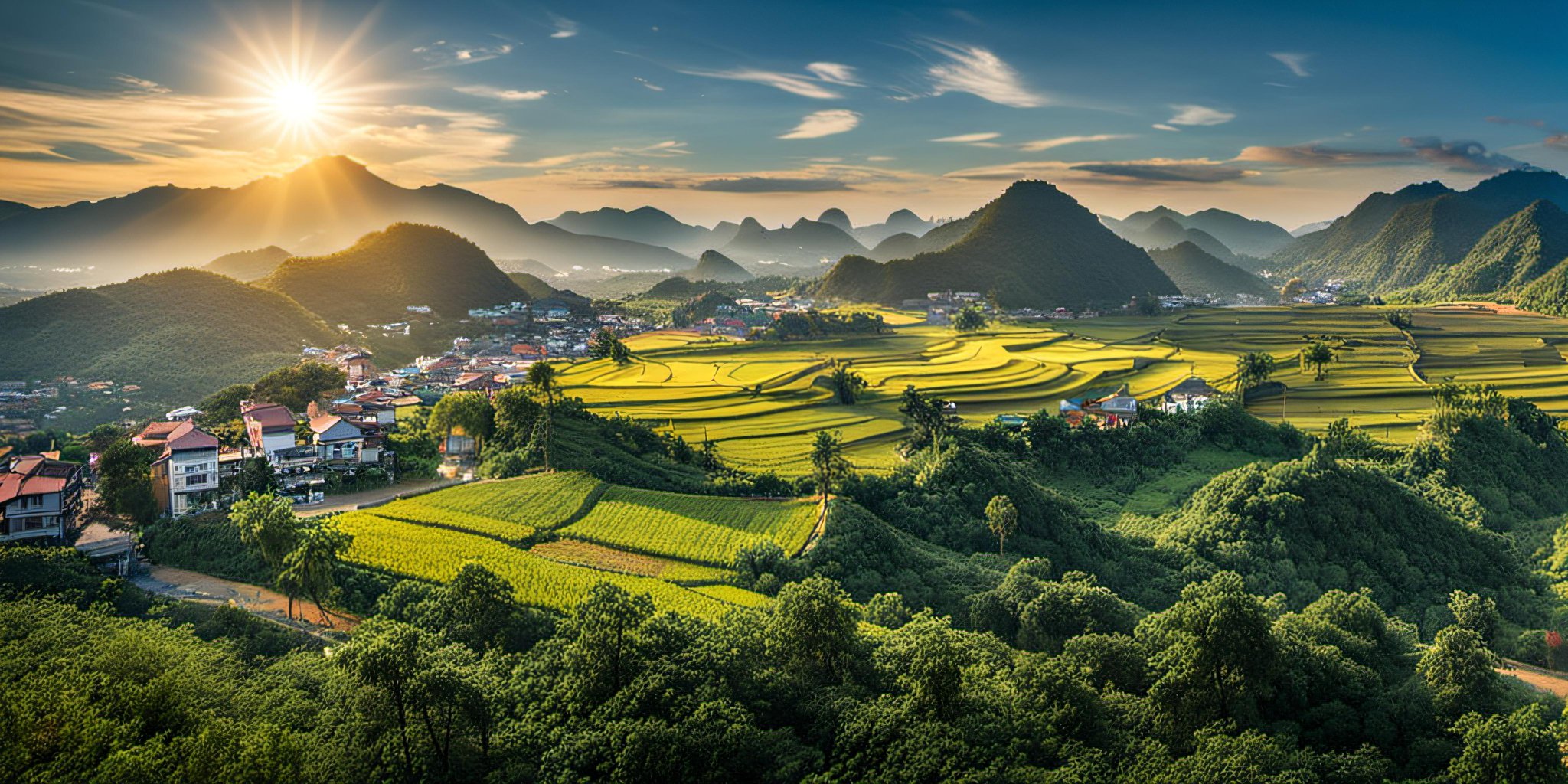 a view of a village and mountains from a hill top in the sun light, realicstic, bacsonvietnam, <lora:bacsonvietnam-000003:1>, (masterpiece,best quality:1.5), ultra realistic,32k,RAW photo,(high detailed skin:1.2), 8k uhd, dslr, soft lighting, high quality, film grain