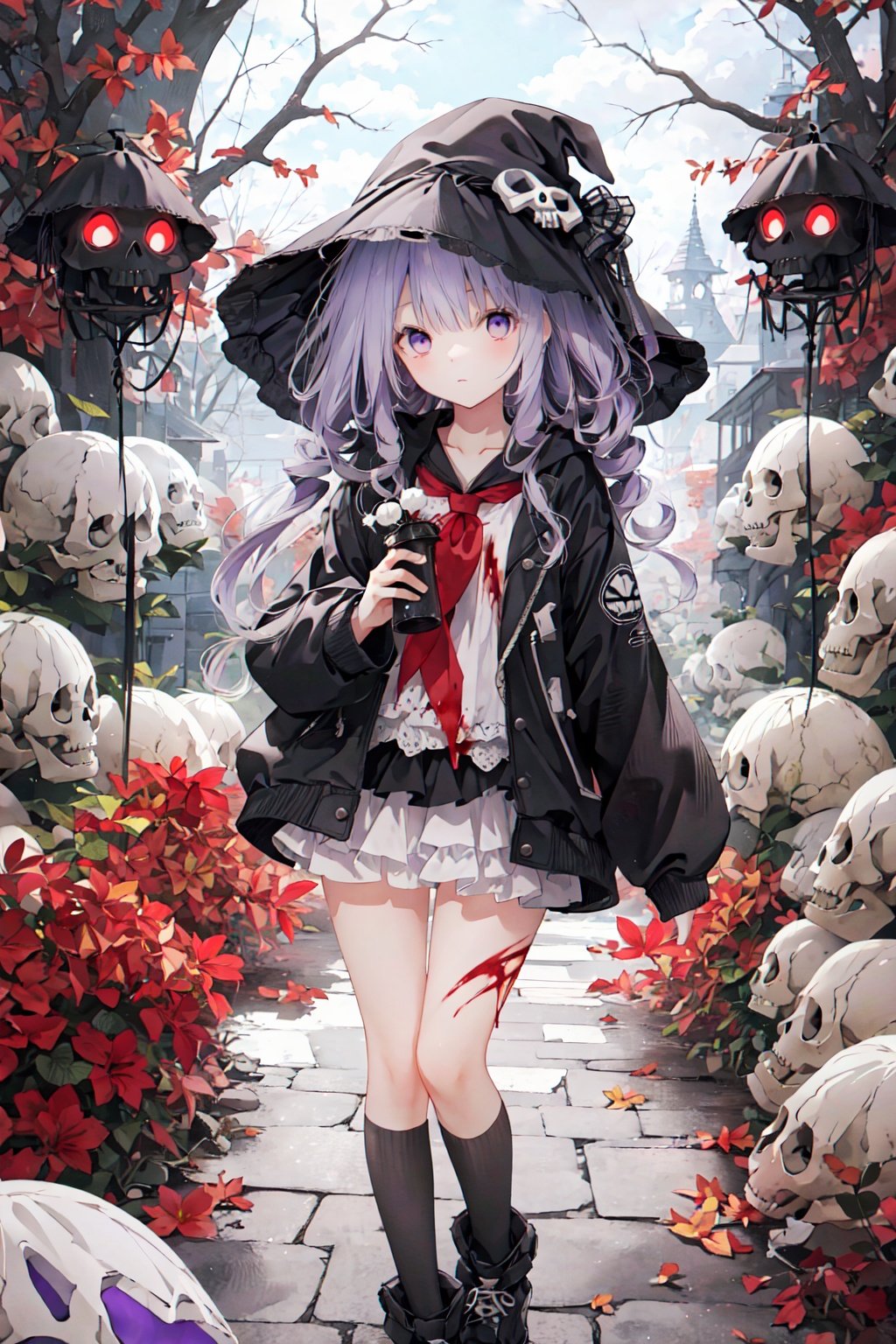  masterpiece,best_quality,concept_art,1girl,solo,loli,Necromancer,white_hair,long_jacket,purple_eyes,purple_liquid,wand,partly_bangs,hair_between_eyes,sneakers,black_legwear,((tentacles,skull,nightmare,flouting_eyeballs,blood))