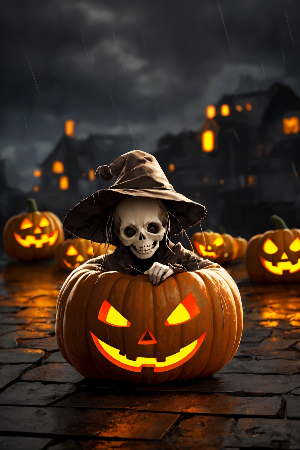  Best quality, 8k, cg,pumpkin light,With a hat on,Skull,Rain