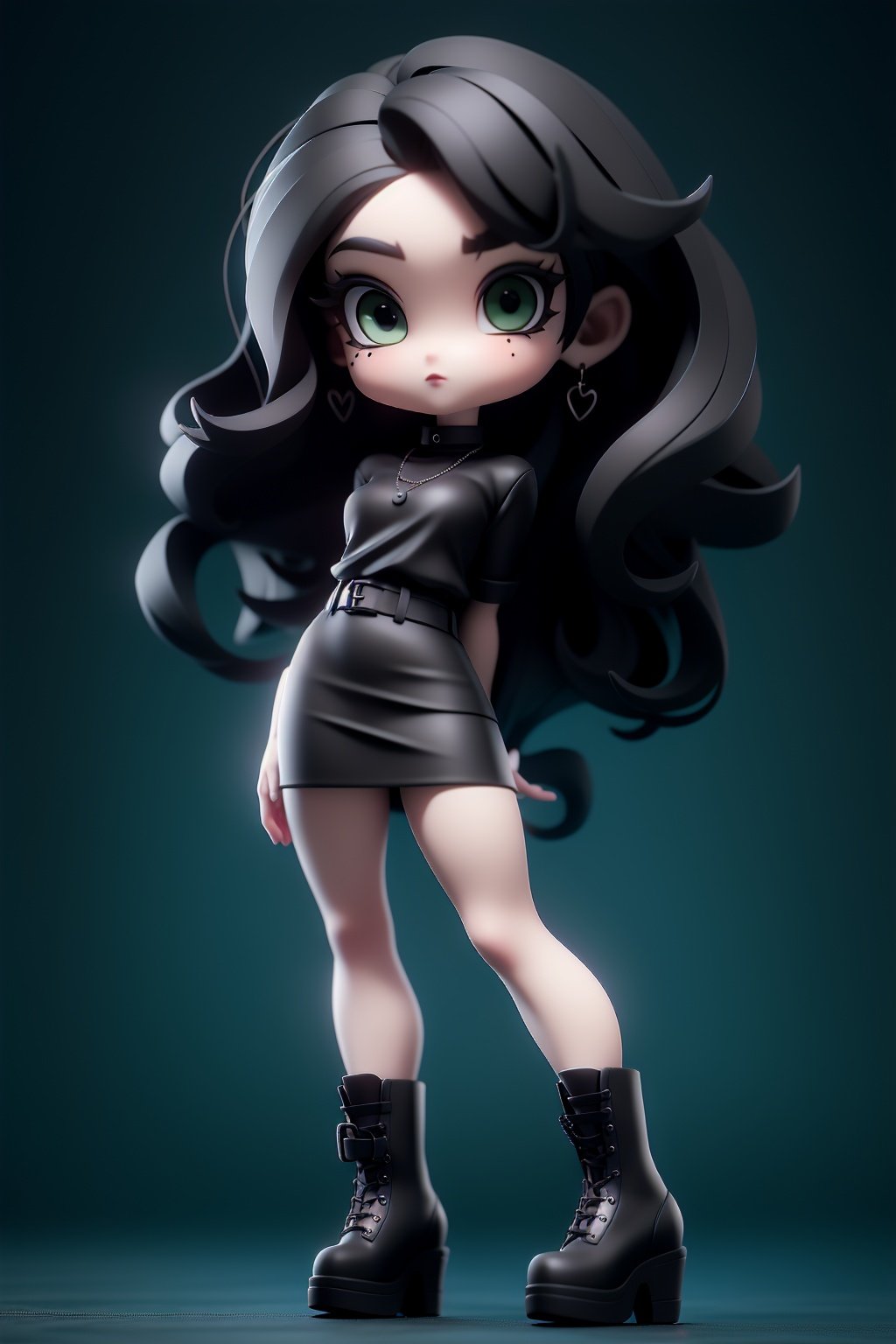 masterpiece,best quality,8K,official art,ultra high res,1girl,black hair,green eyes,long hair,solo,boots,pencil skirt,black skirt,black shirt,black footwear,earrings,jewelry,gothic,belt,hand on own chest,black belt,collar,eyeshadow,looking at viewer,full body,platform boots,mole,makeup,