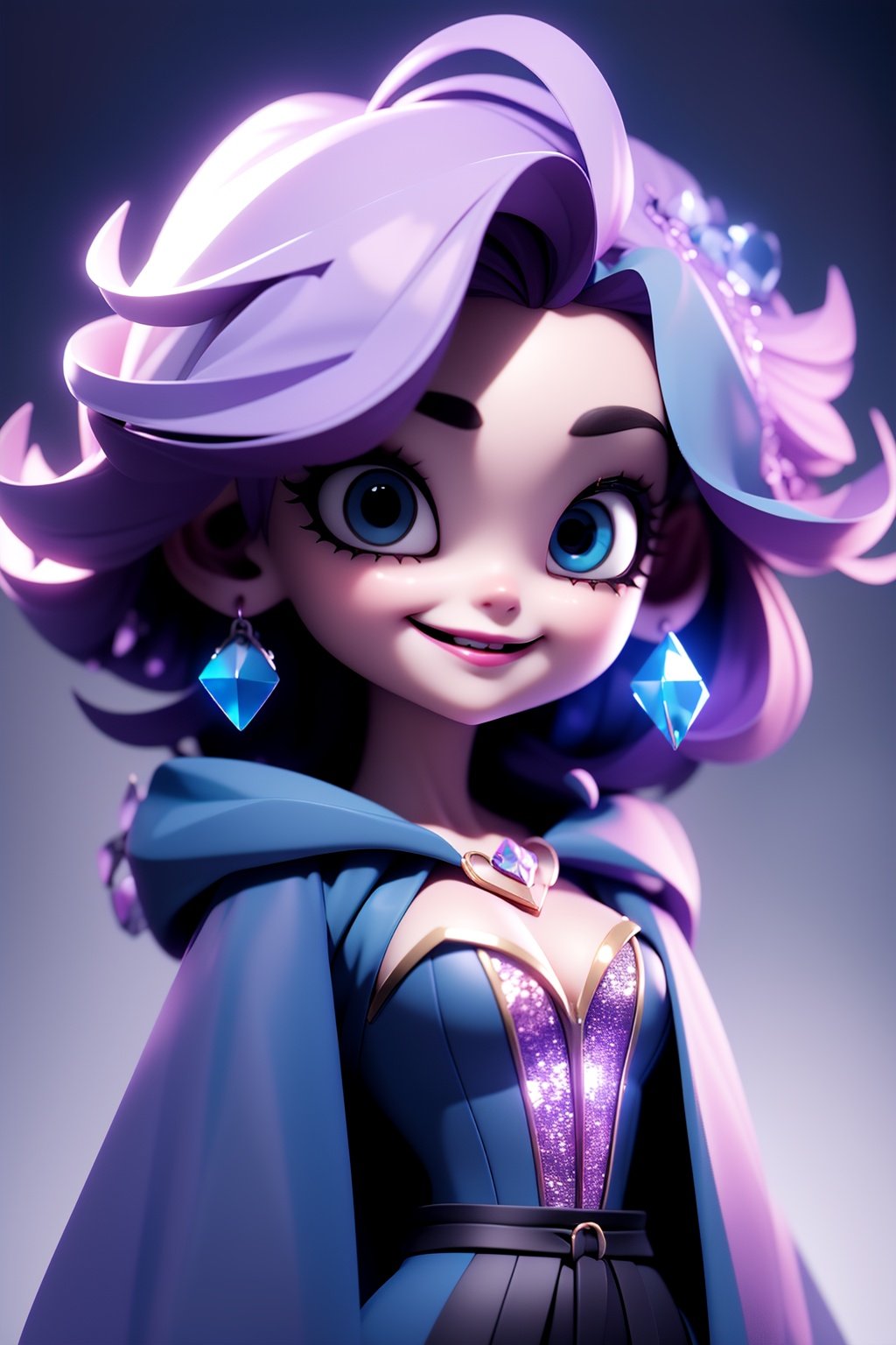 masterpiece,best quality,8K,official art,ultra high res,1girl,fantasy engine,golden short hair,conceptual role,under the stars,freaky styley,purple robed witch,golden pupils,(blue crystal earrings:1.3),pink lips,smile,white crystal corsage,