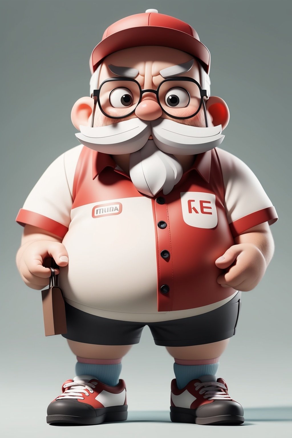 masterpiece, best quality, 8K, collared shirt, official art, ultra high res, 1boy, old man, fat man, food, mustache, v-shaped eyebrows, male focus, thick eyebrows, solo, black-framed eyewear, hat, shoes, holding, shirt, standing, glasses, red headwear, facial hair, short sleeves, full body, looking at viewer, holding food, employee uniform, black eyes, red shirt, simple background, grey background, socks, uniform, shorts