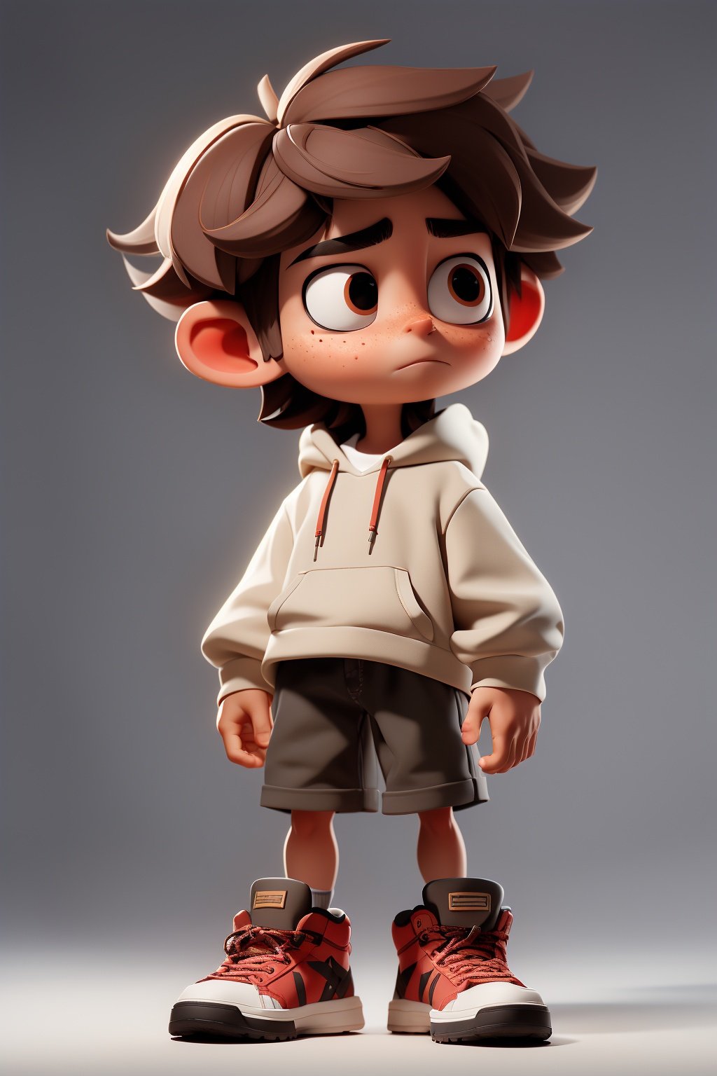 masterpiece,best quality,8K,collared shirt,official art,ultra high res,1boy,solo,brown hair,hood,sneakers,shoes,male focus,hoodie,freckles,standing,brown eyes,full body,red footwear,hood down,closed mouth,grey background,shorts,long sleeves,frown,