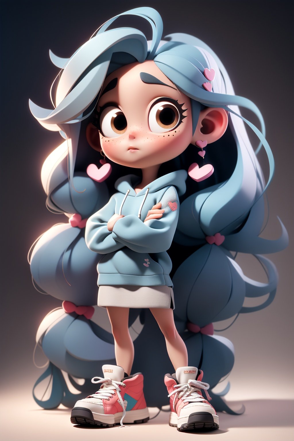 masterpiece,best quality,8K,pencil skirt,official art,ultra high res,1girl,solo,long hair,crossed arms,earrings,full body,jewelry,hood,hoodie,sneakers,shoes,heart earrings,brown eyes,heart,blush,standing,blue hair,heart hair ornament,white hoodie,hood down,freckles,very long hair,