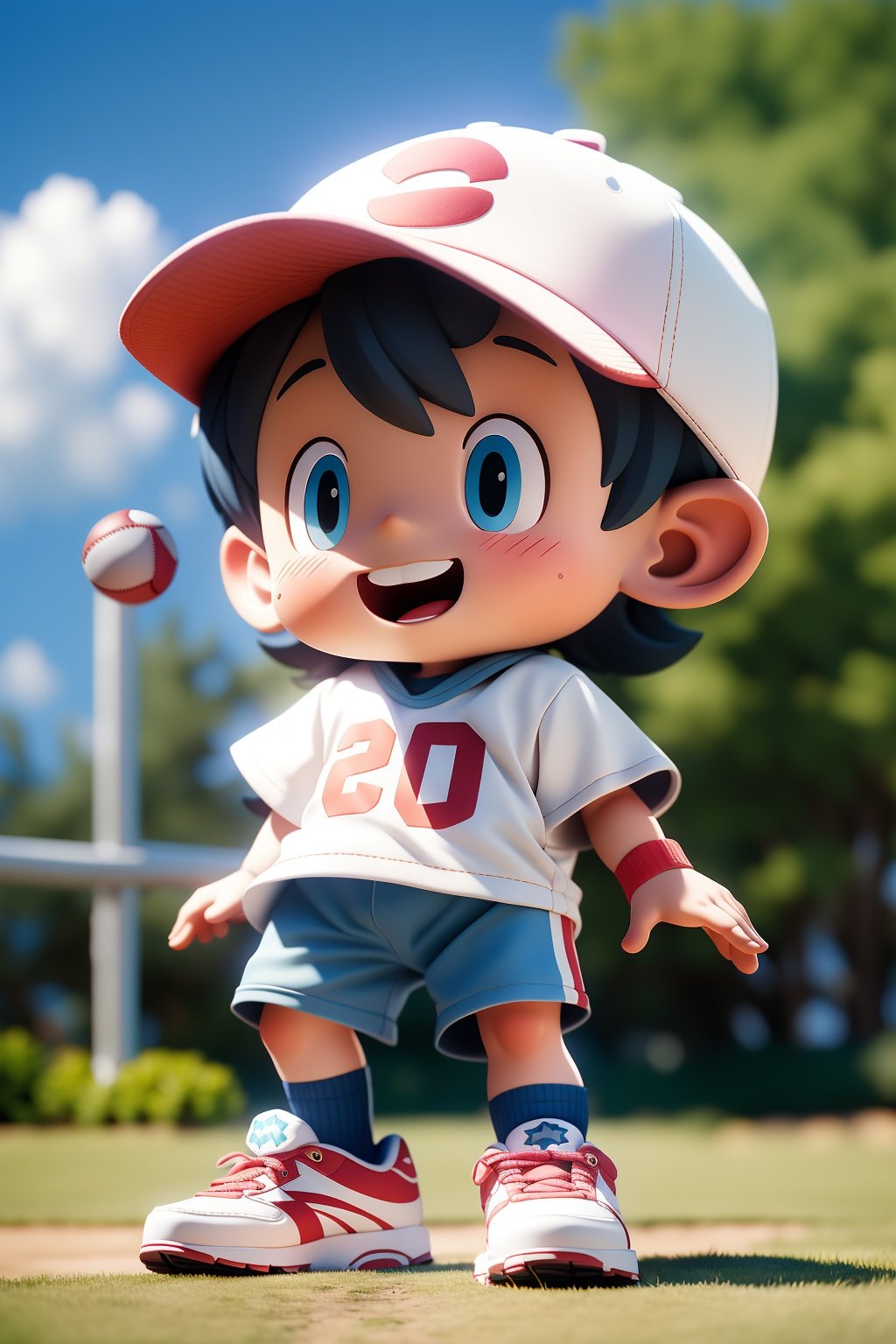 masterpiece,best quality,8K,official art,ultra high res,1boy,male focus,solo,shorts,hat,male child,blue eyes,shoes,socks,black hair,smile,open mouth,baseball cap,blush,sneakers,shirt,outdoors,full body,blurry background,child,