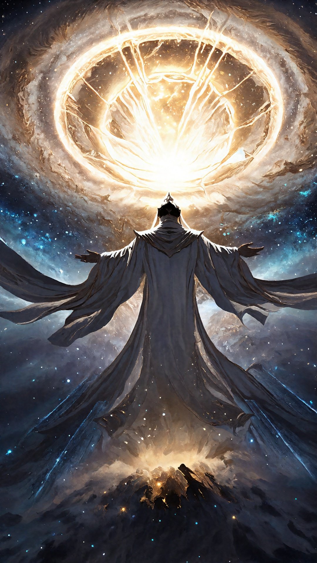 (Chinese fantasy style: 1.5) (Complex details) (Advanced color) (Sci-fi concept light) (Hyper-realistic thick painting) In the interstellar void, a man wearing a white robe floats lightly on the sea of stars. Starlight shines on him, making him look like he's from the universe