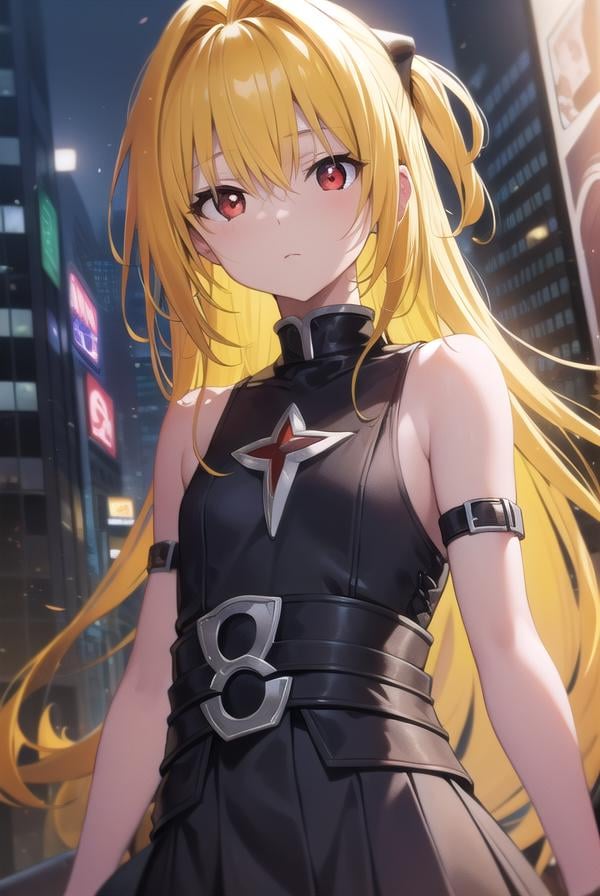 toloveruyami, <lora:yamitest:1>, yami, (yellow hair:1.5), long hair, (red eyes:1.5), hair ornament, (small chest:1.2), BREAK sleeveless,BREAK outdoors, city,BREAK looking at viewer, BREAK <lyco:GoodHands-beta2:1>, (masterpiece:1.2), best quality, high resolution, unity 8k wallpaper, (illustration:0.8), (beautiful detailed eyes:1.6), extremely detailed face, perfect lighting, extremely detailed CG, (perfect hands, perfect anatomy),