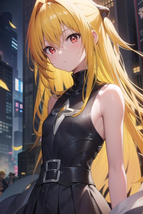 toloveruyami, <lora:yamitest:1>, yami, (yellow hair:1.5), long hair, (red eyes:1.5), hair ornament, (small chest:1.2), BREAK sleeveless,BREAK outdoors, city,BREAK looking at viewer, BREAK <lyco:GoodHands-beta2:1>, (masterpiece:1.2), best quality, high resolution, unity 8k wallpaper, (illustration:0.8), (beautiful detailed eyes:1.6), extremely detailed face, perfect lighting, extremely detailed CG, (perfect hands, perfect anatomy),