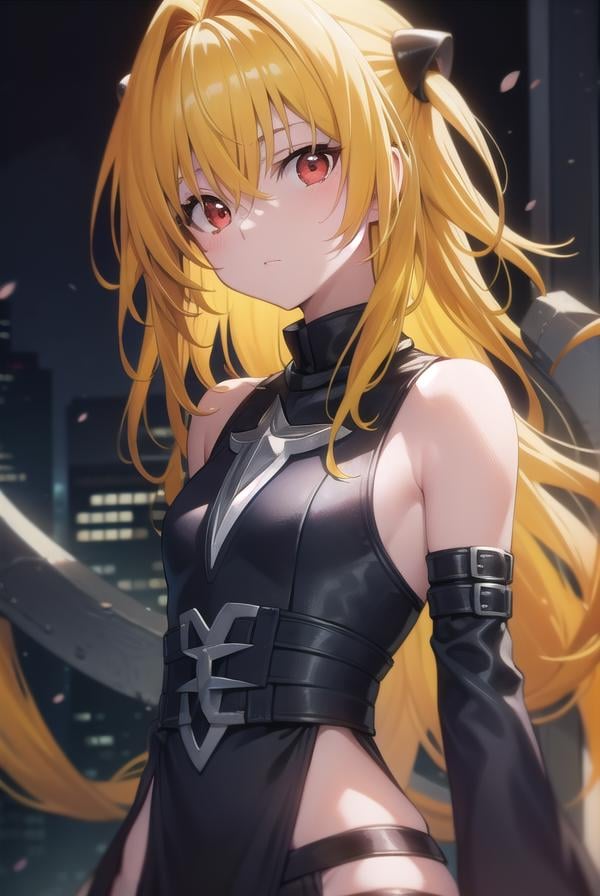 toloveruyami, <lora:yamitest:1>, yami, (yellow hair:1.5), long hair, (red eyes:1.5), hair ornament, (small chest:1.2), BREAK sleeveless,BREAK outdoors, city,BREAK looking at viewer, BREAK <lyco:GoodHands-beta2:1>, (masterpiece:1.2), best quality, high resolution, unity 8k wallpaper, (illustration:0.8), (beautiful detailed eyes:1.6), extremely detailed face, perfect lighting, extremely detailed CG, (perfect hands, perfect anatomy),