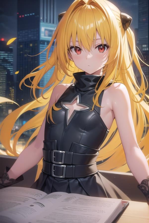 toloveruyami, <lora:yamitest:1>, yami, (yellow hair:1.5), long hair, (red eyes:1.5), hair ornament, (small chest:1.2), BREAK sleeveless,BREAK outdoors, city,BREAK looking at viewer, BREAK <lyco:GoodHands-beta2:1>, (masterpiece:1.2), best quality, high resolution, unity 8k wallpaper, (illustration:0.8), (beautiful detailed eyes:1.6), extremely detailed face, perfect lighting, extremely detailed CG, (perfect hands, perfect anatomy),