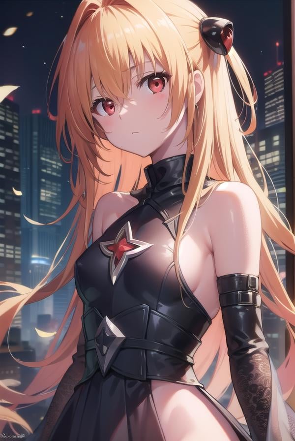 toloveruyami, <lora:yamitest:1>, yami, blonde hair, long hair, (red eyes:1.5), hair ornament, (small chest:1.2), cleavage,BREAK ,BREAK outdoors, city,BREAK looking at viewer, BREAK <lora:GoodHands-vanilla:1>, (masterpiece:1.2), best quality, high resolution, unity 8k wallpaper, (illustration:0.8), (beautiful detailed eyes:1.6), extremely detailed face, perfect lighting, extremely detailed CG, (perfect hands, perfect anatomy),