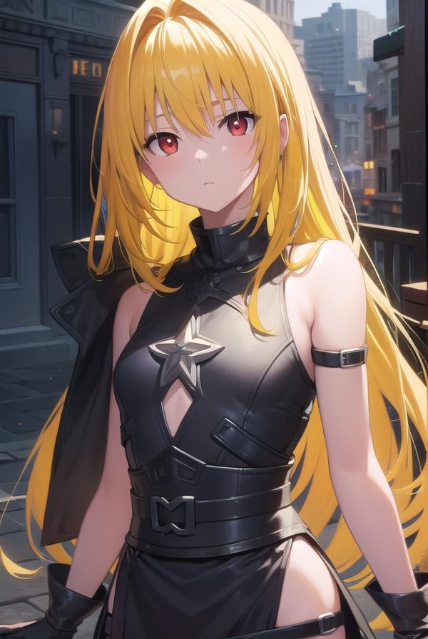 toloveruyami, <lora:yamitest:1>, yami, (yellow hair:1.5), long hair, (red eyes:1.5), hair ornament, (small chest:1.2), BREAK sleeveless,BREAK outdoors, city,BREAK looking at viewer, BREAK <lyco:GoodHands-beta2:1>, (masterpiece:1.2), best quality, high resolution, unity 8k wallpaper, (illustration:0.8), (beautiful detailed eyes:1.6), extremely detailed face, perfect lighting, extremely detailed CG, (perfect hands, perfect anatomy),