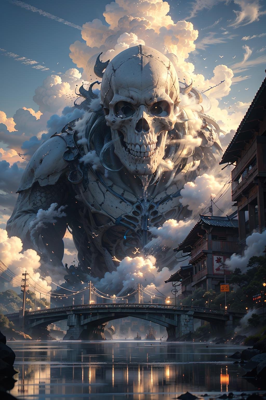 BJ_Sacred_beast, Skull, outdoors, sky, day, cloud, water, blue_sky, no_humans, cloudy_sky, building, scenery, reflection, monster, bridge, fog,cinematic lighting,strong contrast,high level of detail,Best quality,masterpiece,White background,<lora:Sacred_beast:0.7>,