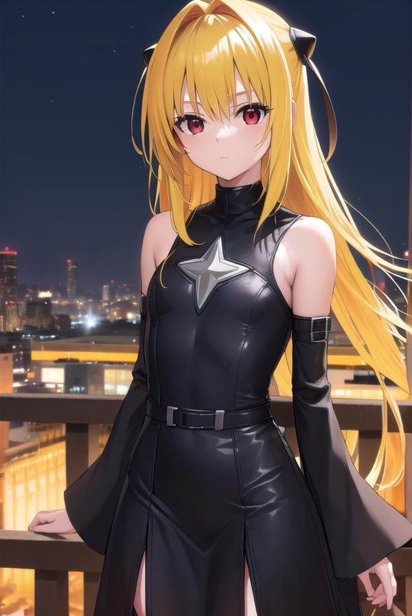 toloveruyami, <lora:toloveruyami-lora-nochekaiser:1>, yami, (yellow hair:1.5), long hair, (red eyes:1.5), (hair ornament:1.2), two side up, (small chest:1.2), BREAK sleeveless, detached sleeves, dress, black dress, black skirt, clothing cutout, cleavage cutout,BREAK outdoors, city, night, sky,BREAK looking at viewer, (cowboy shot:1.5),BREAK <lyco:GoodHands-beta2:1>, (masterpiece:1.2), best quality, high resolution, unity 8k wallpaper, (illustration:0.8), (beautiful detailed eyes:1.6), extremely detailed face, perfect lighting, extremely detailed CG, (perfect hands, perfect anatomy),