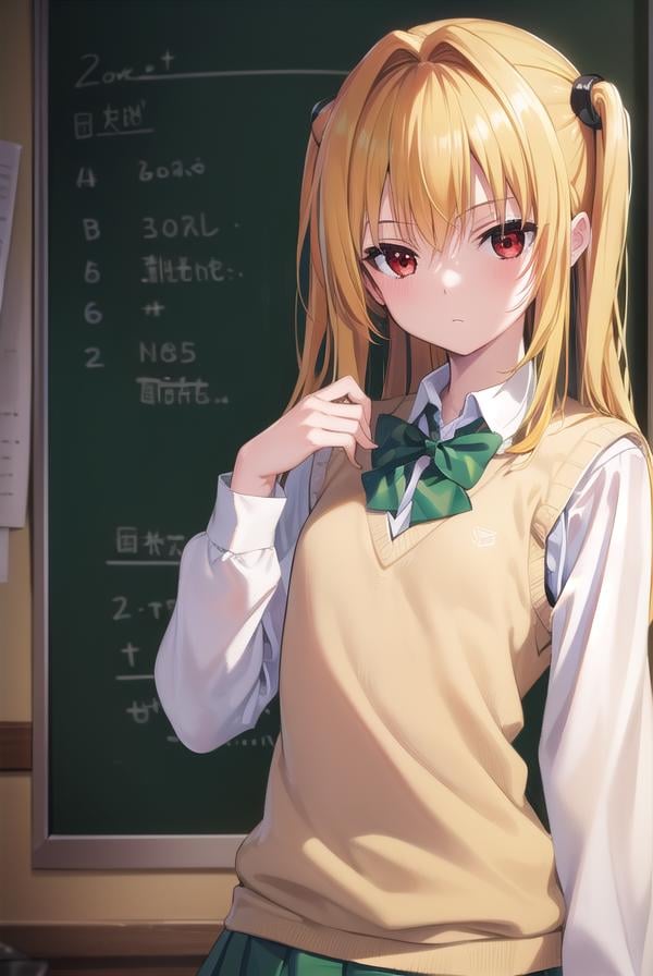 toloveruyami, <lora:toloveruyami-lora-nochekaiser:1>, yami, (yellow hair:1.5), long hair, (red eyes:1.5), hair ornament, (black hair ornament:1.2), two side up, (small chest:1.2), BREAK school uniform, shirt, white shirt, bow, (green bow:1.5), skirt, (green skirt:1.2), pleated skirt, short skirt, sweater, (light brown sweater vest:1.5), short sleeves,BREAK indoors, classroom,BREAK looking at viewer, (cowboy shot:1.5),BREAK <lyco:GoodHands-beta2:1>, (masterpiece:1.2), best quality, high resolution, unity 8k wallpaper, (illustration:0.8), (beautiful detailed eyes:1.6), extremely detailed face, perfect lighting, extremely detailed CG, (perfect hands, perfect anatomy),