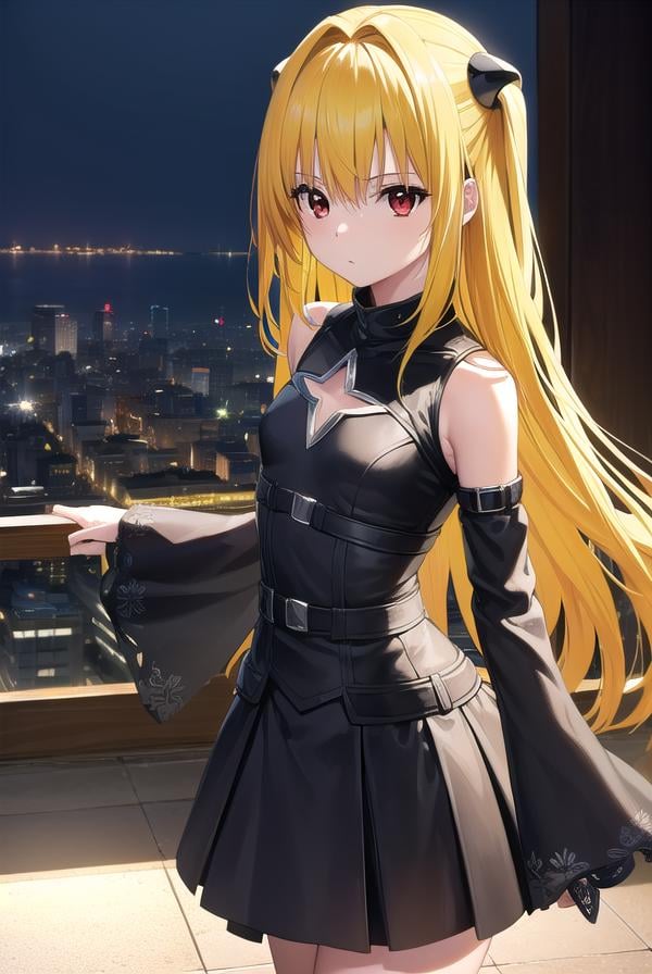 toloveruyami, <lora:toloveruyami-lora-nochekaiser:1>, yami, (yellow hair:1.5), long hair, (red eyes:1.5), (hair ornament:1.2), two side up, (small chest:1.2), BREAK sleeveless, detached sleeves, dress, black dress, black skirt, clothing cutout, cleavage cutout,BREAK outdoors, city, night, sky,BREAK looking at viewer, (cowboy shot:1.5),BREAK <lyco:GoodHands-beta2:1>, (masterpiece:1.2), best quality, high resolution, unity 8k wallpaper, (illustration:0.8), (beautiful detailed eyes:1.6), extremely detailed face, perfect lighting, extremely detailed CG, (perfect hands, perfect anatomy),