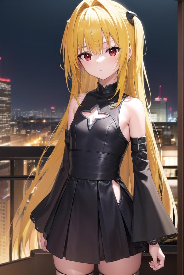 toloveruyami, <lora:toloveruyami-lora-nochekaiser:1>, yami, (yellow hair:1.5), long hair, (red eyes:1.5), (hair ornament:1.2), two side up, (small chest:1.2), BREAK sleeveless, detached sleeves, dress, black dress, black skirt, clothing cutout, cleavage cutout,BREAK outdoors, city, night, sky,BREAK looking at viewer, (cowboy shot:1.5),BREAK <lyco:GoodHands-beta2:1>, (masterpiece:1.2), best quality, high resolution, unity 8k wallpaper, (illustration:0.8), (beautiful detailed eyes:1.6), extremely detailed face, perfect lighting, extremely detailed CG, (perfect hands, perfect anatomy),