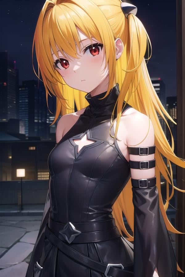 toloveruyami, <lora:toloveruyami-lora-nochekaiser:1>, yami, (yellow hair:1.5), long hair, (red eyes:1.5), (hair ornament:1.2), two side up, (small chest:1.2), BREAK sleeveless, detached sleeves, dress, black dress, black skirt, clothing cutout, cleavage cutout,BREAK outdoors, city, night, sky,BREAK looking at viewer, (cowboy shot:1.5),BREAK <lyco:GoodHands-beta2:1>, (masterpiece:1.2), best quality, high resolution, unity 8k wallpaper, (illustration:0.8), (beautiful detailed eyes:1.6), extremely detailed face, perfect lighting, extremely detailed CG, (perfect hands, perfect anatomy),