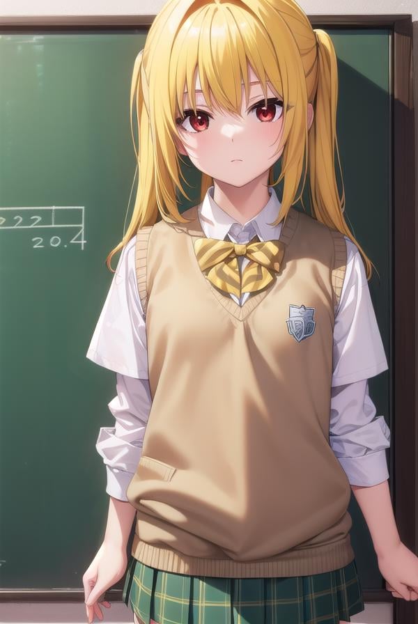 toloveruyami, <lora:toloveruyami-lora-nochekaiser:1>, yami, (yellow hair:1.5), long hair, (red eyes:1.5), hair ornament, black hair ornament, two side up, (small chest:1.2), BREAK school uniform, shirt, white shirt, bow, (green bow:1.2), skirt, (green skirt:1.2), pleated skirt, short skirt, sweater, (light brown sweater vest:1.5), short sleeves,BREAK indoors, classroom,BREAK looking at viewer, (cowboy shot:1.5),BREAK <lyco:GoodHands-beta2:1>, (masterpiece:1.2), best quality, high resolution, unity 8k wallpaper, (illustration:0.8), (beautiful detailed eyes:1.6), extremely detailed face, perfect lighting, extremely detailed CG, (perfect hands, perfect anatomy),