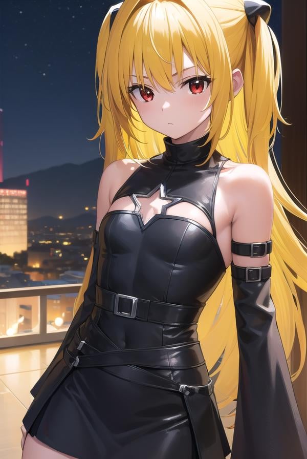 toloveruyami, <lora:toloveruyami-lora-nochekaiser:1>, yami, (yellow hair:1.5), long hair, (red eyes:1.5), (hair ornament:1.2), two side up, (small chest:1.2), BREAK sleeveless, detached sleeves, dress, black dress, black skirt, clothing cutout, cleavage cutout,BREAK outdoors, city, night, sky,BREAK looking at viewer, (cowboy shot:1.5),BREAK <lyco:GoodHands-beta2:1>, (masterpiece:1.2), best quality, high resolution, unity 8k wallpaper, (illustration:0.8), (beautiful detailed eyes:1.6), extremely detailed face, perfect lighting, extremely detailed CG, (perfect hands, perfect anatomy),