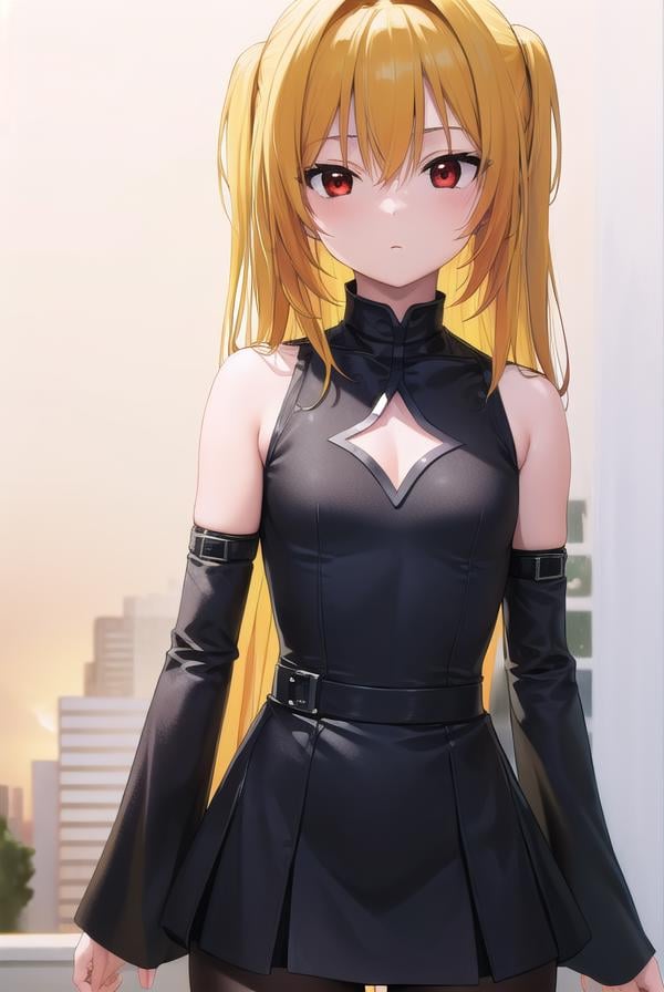 toloveruyami, <lora:toloveruyami-lora-nochekaiser:1>, yami, (yellow hair:1.5), long hair, (red eyes:1.5), hair ornament, (small chest:1.2), BREAK sleeveless, detached sleeves, dress, black dress, black skirt, clothing cutout, cleavage cutout,BREAK outdoors, city,BREAK looking at viewer, (cowboy shot:1.5),BREAK <lyco:GoodHands-beta2:1>, (masterpiece:1.2), best quality, high resolution, unity 8k wallpaper, (illustration:0.8), (beautiful detailed eyes:1.6), extremely detailed face, perfect lighting, extremely detailed CG, (perfect hands, perfect anatomy),