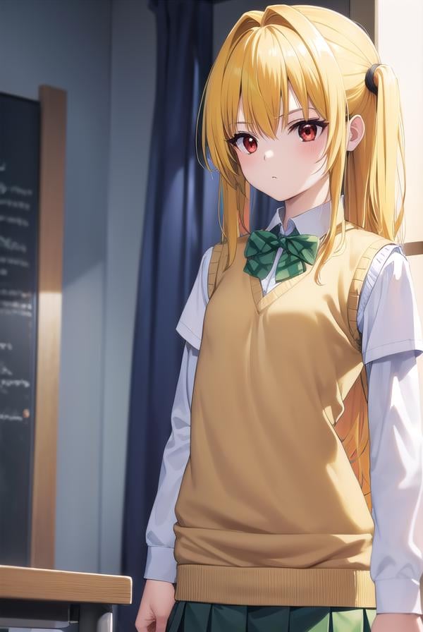 toloveruyami, <lora:toloveruyami-lora-nochekaiser:1>, yami, (yellow hair:1.5), long hair, (red eyes:1.5), hair ornament, two side up, (small chest:1.2), BREAK school uniform, shirt, white shirt, bow, (green bow:1.2), skirt, (green skirt:1.2), pleated skirt, short skirt, sweater, (light brown sweater vest:1.5), short sleeves,BREAK indoors, classroom,BREAK looking at viewer, (cowboy shot:1.5),BREAK <lyco:GoodHands-beta2:1>, (masterpiece:1.2), best quality, high resolution, unity 8k wallpaper, (illustration:0.8), (beautiful detailed eyes:1.6), extremely detailed face, perfect lighting, extremely detailed CG, (perfect hands, perfect anatomy),