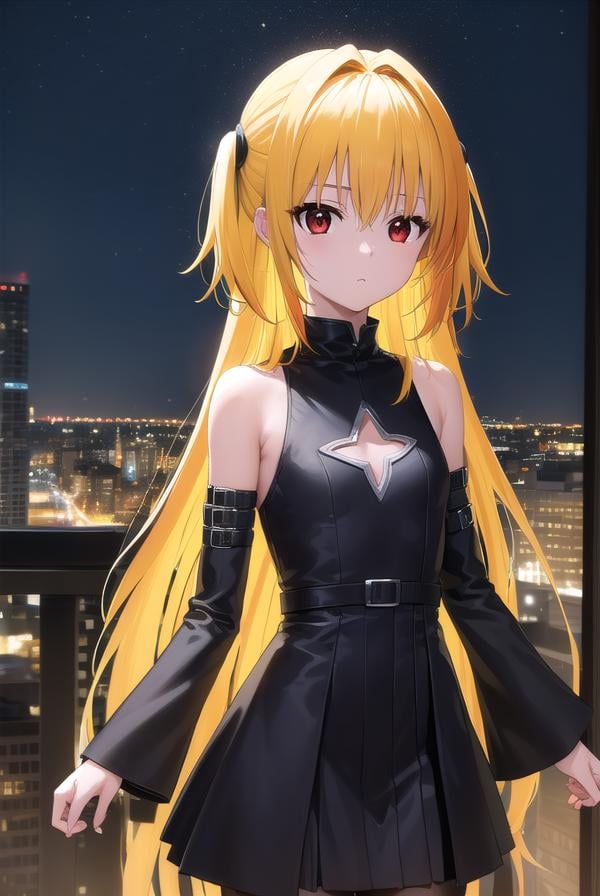 toloveruyami, <lora:toloveruyami-lora-nochekaiser:1>, yami, (yellow hair:1.5), long hair, (red eyes:1.5), (hair ornament:1.2), two side up, (small chest:1.2), BREAK sleeveless, detached sleeves, dress, black dress, black skirt, clothing cutout, cleavage cutout,BREAK outdoors, city, night, sky,BREAK looking at viewer, (cowboy shot:1.5),BREAK <lyco:GoodHands-beta2:1>, (masterpiece:1.2), best quality, high resolution, unity 8k wallpaper, (illustration:0.8), (beautiful detailed eyes:1.6), extremely detailed face, perfect lighting, extremely detailed CG, (perfect hands, perfect anatomy),