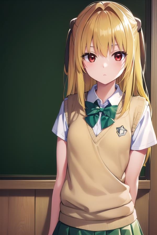 toloveruyami, <lora:toloveruyami-lora-nochekaiser:1>, yami, (yellow hair:1.5), long hair, (red eyes:1.5), hair ornament, (black hair ornament:1.2), two side up, (small chest:1.2), BREAK school uniform, shirt, white shirt, bow, (green bow:1.5), skirt, (green skirt:1.2), pleated skirt, short skirt, sweater, (light brown sweater vest:1.5), short sleeves,BREAK indoors, classroom,BREAK looking at viewer, (cowboy shot:1.5),BREAK <lyco:GoodHands-beta2:1>, (masterpiece:1.2), best quality, high resolution, unity 8k wallpaper, (illustration:0.8), (beautiful detailed eyes:1.6), extremely detailed face, perfect lighting, extremely detailed CG, (perfect hands, perfect anatomy),