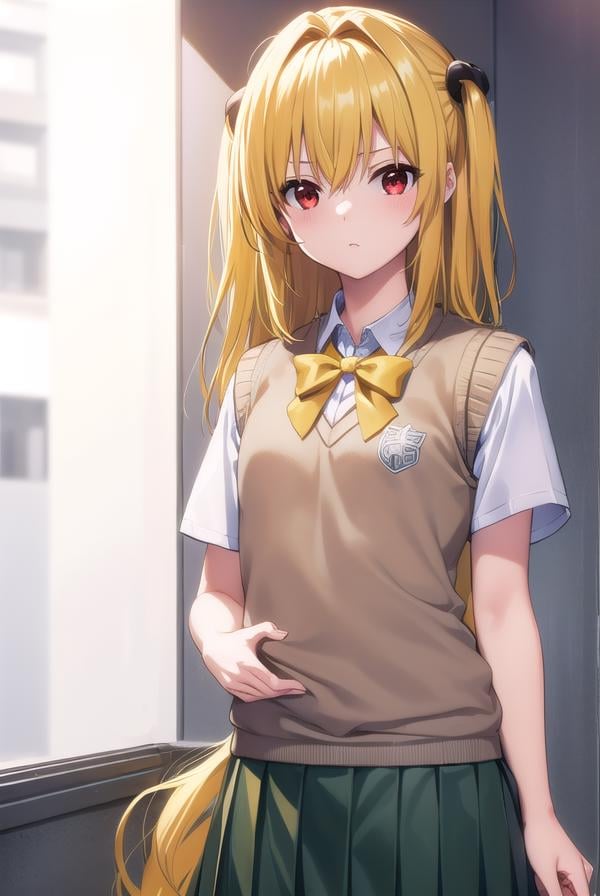 toloveruyami, <lora:toloveruyami-lora-nochekaiser:1>, yami, (yellow hair:1.5), long hair, (red eyes:1.5), hair ornament, black hair ornament, two side up, (small chest:1.2), BREAK school uniform, shirt, white shirt, bow, (green bow:1.2), skirt, (green skirt:1.2), pleated skirt, short skirt, sweater, (light brown sweater vest:1.5), short sleeves,BREAK indoors, classroom,BREAK looking at viewer, (cowboy shot:1.5),BREAK <lyco:GoodHands-beta2:1>, (masterpiece:1.2), best quality, high resolution, unity 8k wallpaper, (illustration:0.8), (beautiful detailed eyes:1.6), extremely detailed face, perfect lighting, extremely detailed CG, (perfect hands, perfect anatomy),